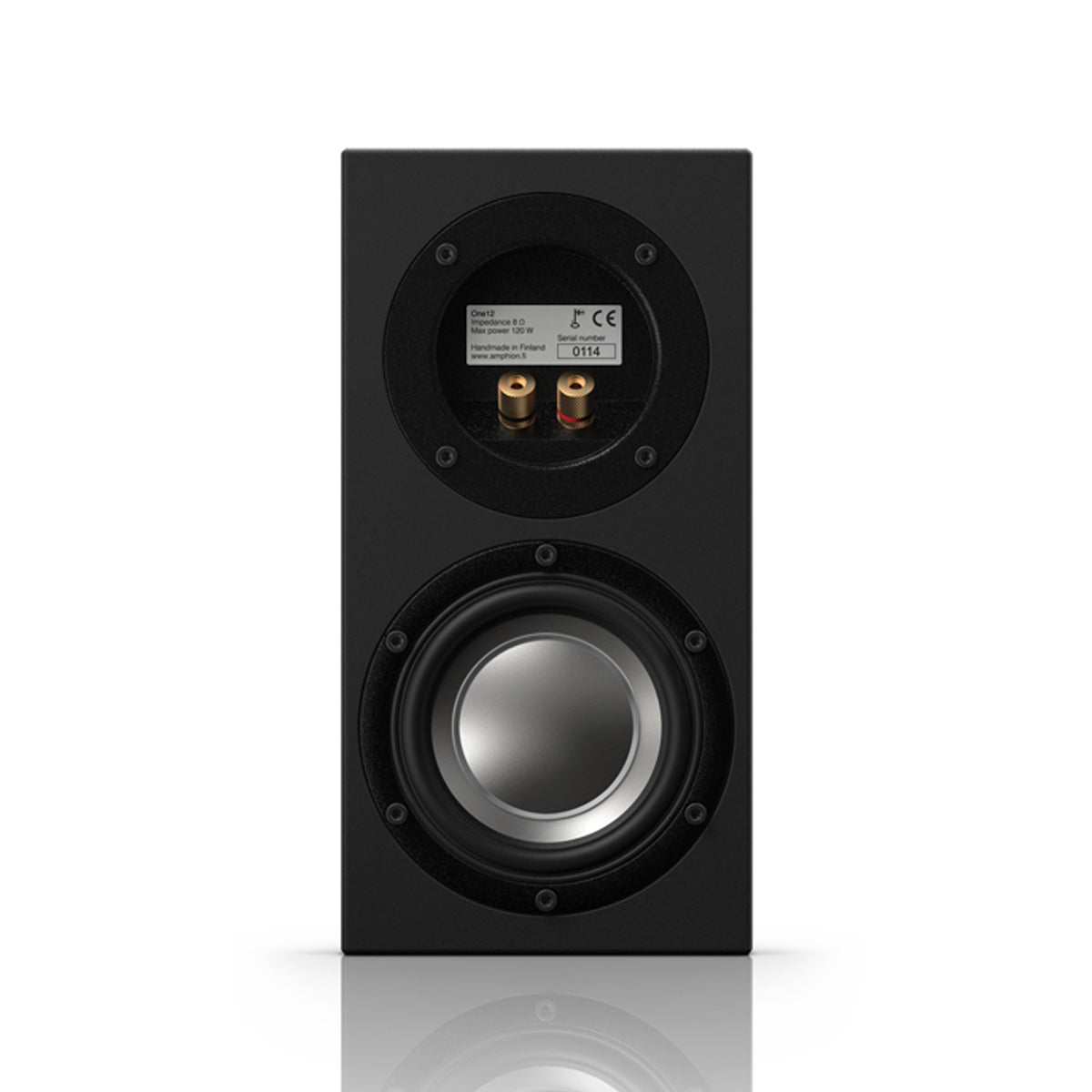 Amphion One12 Passive Two-Way Studio Monitor back panel, showing the passive radiator and speaker inputs for connecting to a power amplifier.