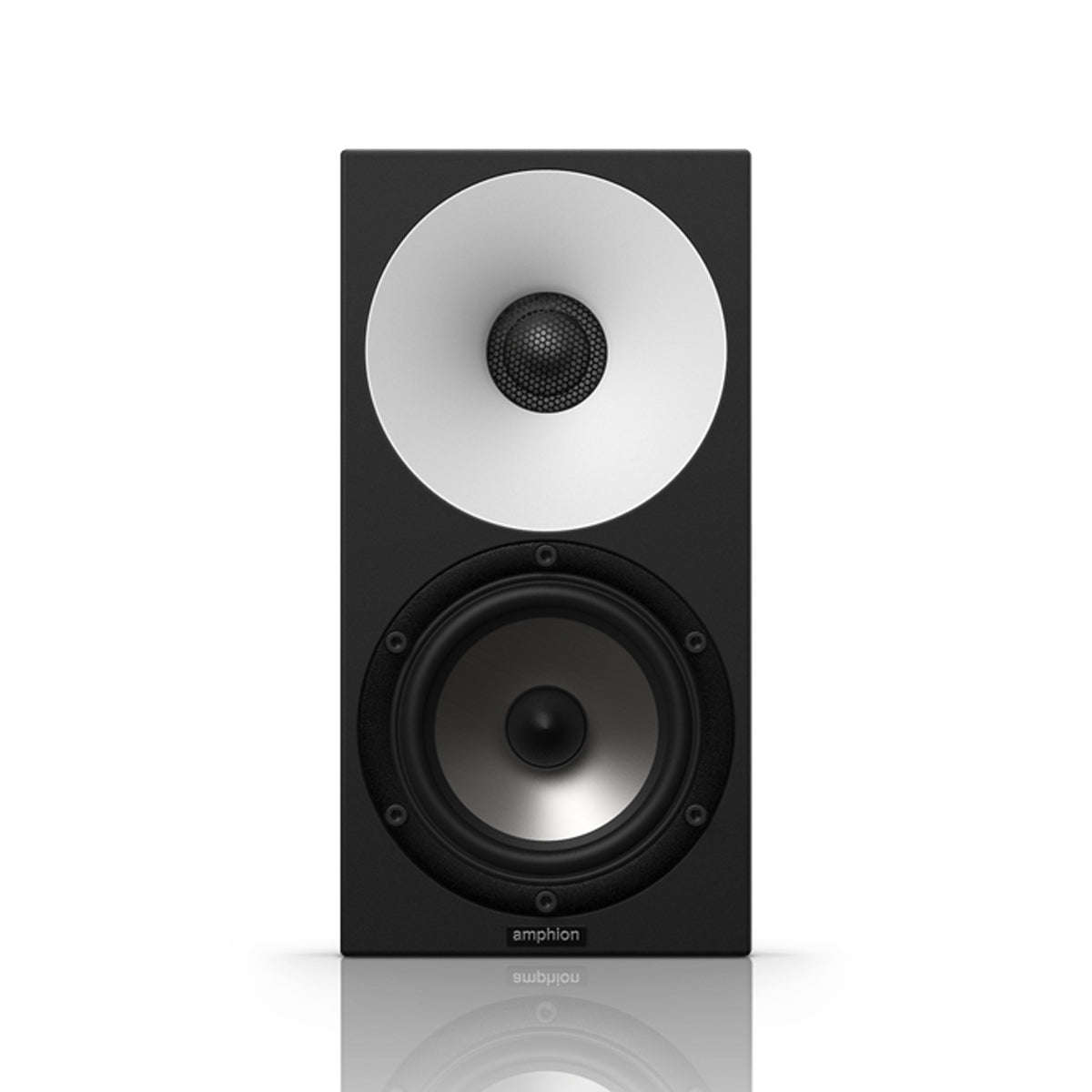 Amphion One12 Passive Two-Way Studio Monitor front angle, showcasing its white waveguide, black tweeter, and woofer for accurate sound reproduction.