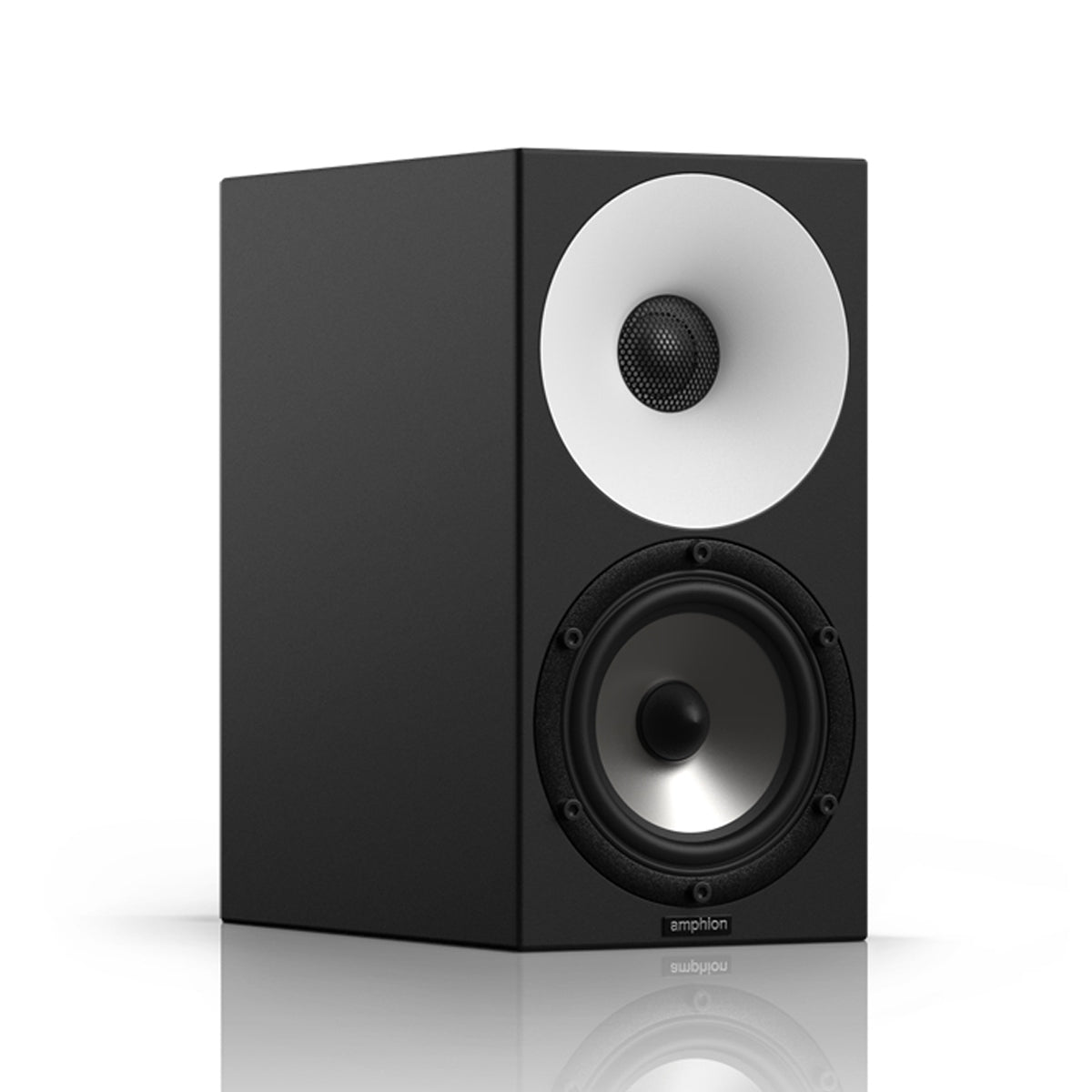 Amphion One12 Passive Two-Way Studio Monitor front angle, showcasing its white waveguide, black tweeter, and woofer for accurate sound reproduction.