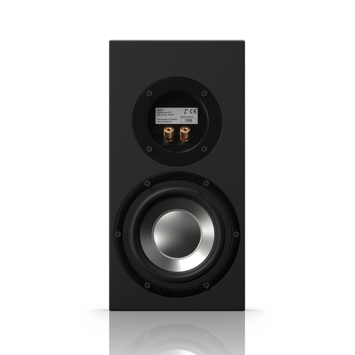 Amphion One12 Passive Two-Way Studio Monitor back panel, showing the passive radiator and speaker inputs for connecting to a power amplifier.