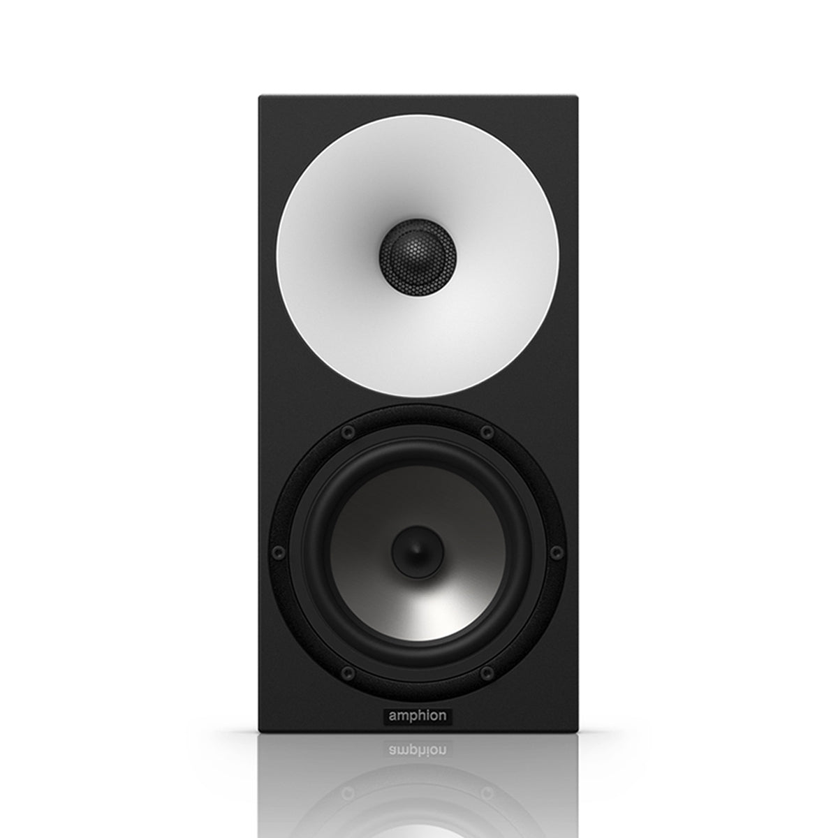Amphion One15 Passive Two-Way Studio Monitor front view, featuring its distinct white waveguide, black tweeter, and woofer for transparent and accurate audio monitoring.