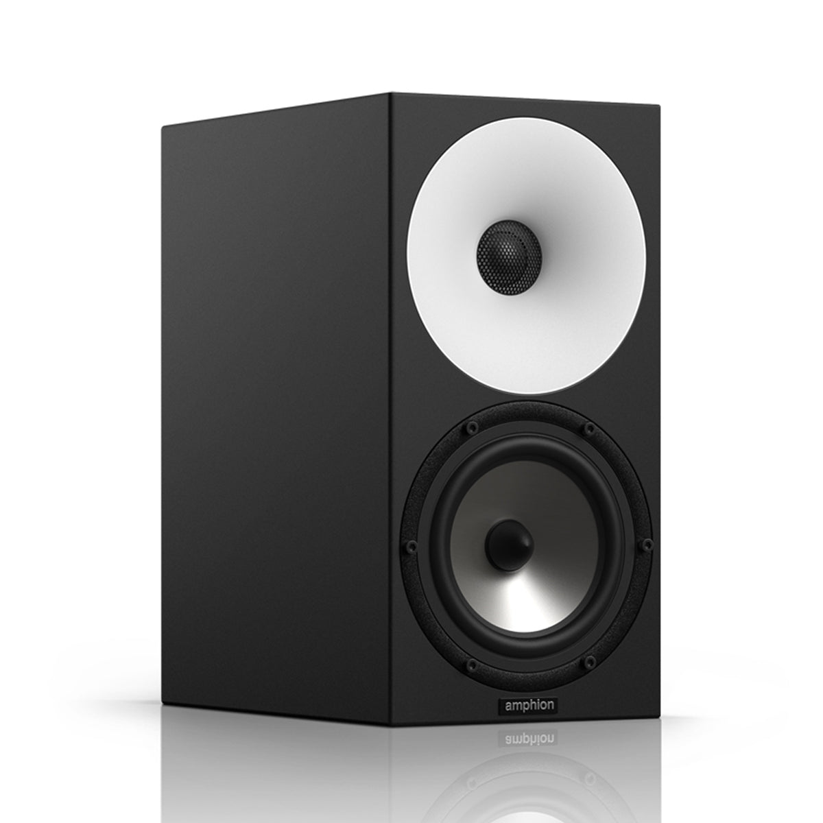 Amphion One15 Passive Two-Way Studio Monitor front view, featuring its distinct white waveguide, black tweeter, and woofer for transparent and accurate audio monitoring.