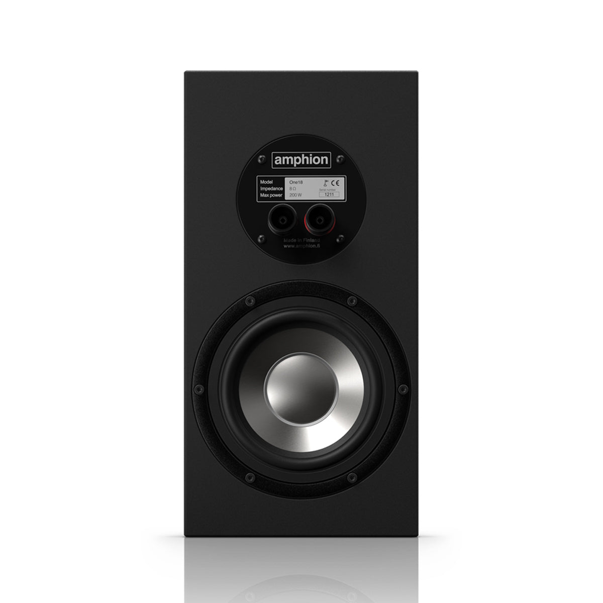 Amphion One18 Passive Two-Way Studio Monitor back panel, showing the passive radiator and speaker inputs for connecting to a power amplifier.