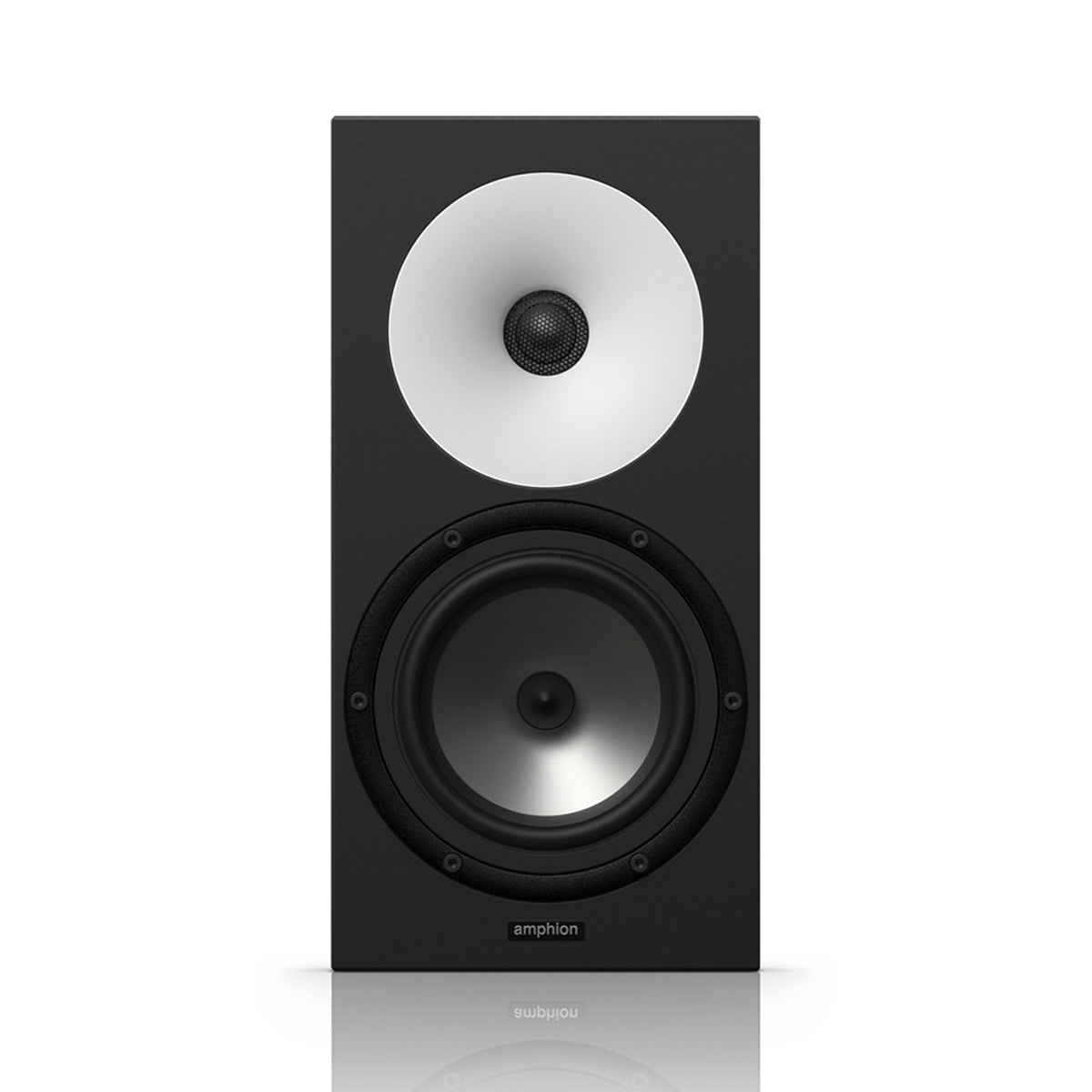 Amphion One18 Passive Two-Way Studio Monitor front view, featuring its distinct white waveguide, black tweeter, and woofer for transparent and accurate audio monitoring.
