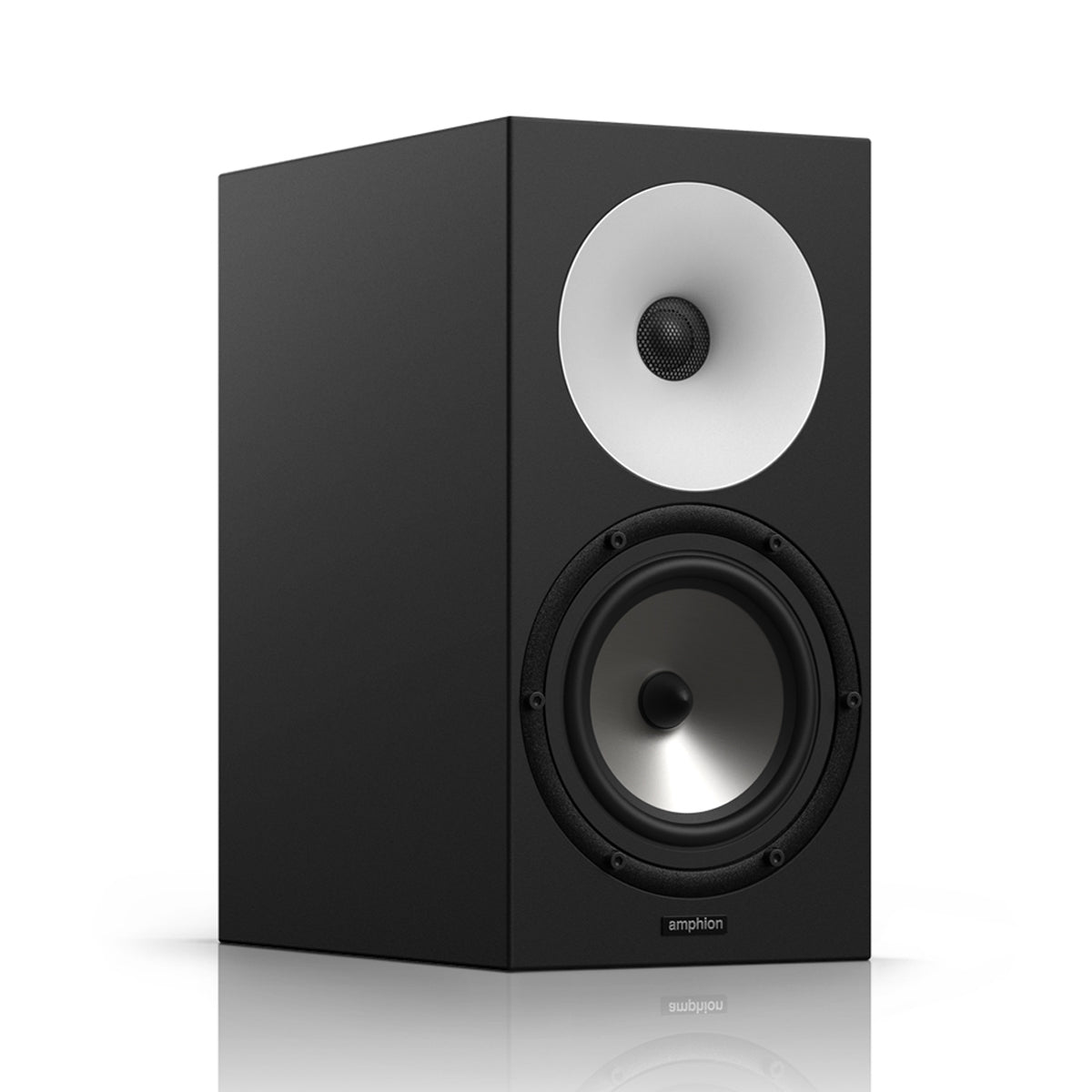 Amphion One18 Passive Two-Way Studio Monitor angled front view, featuring its distinct white waveguide, black tweeter, and woofer for transparent and accurate audio monitoring.