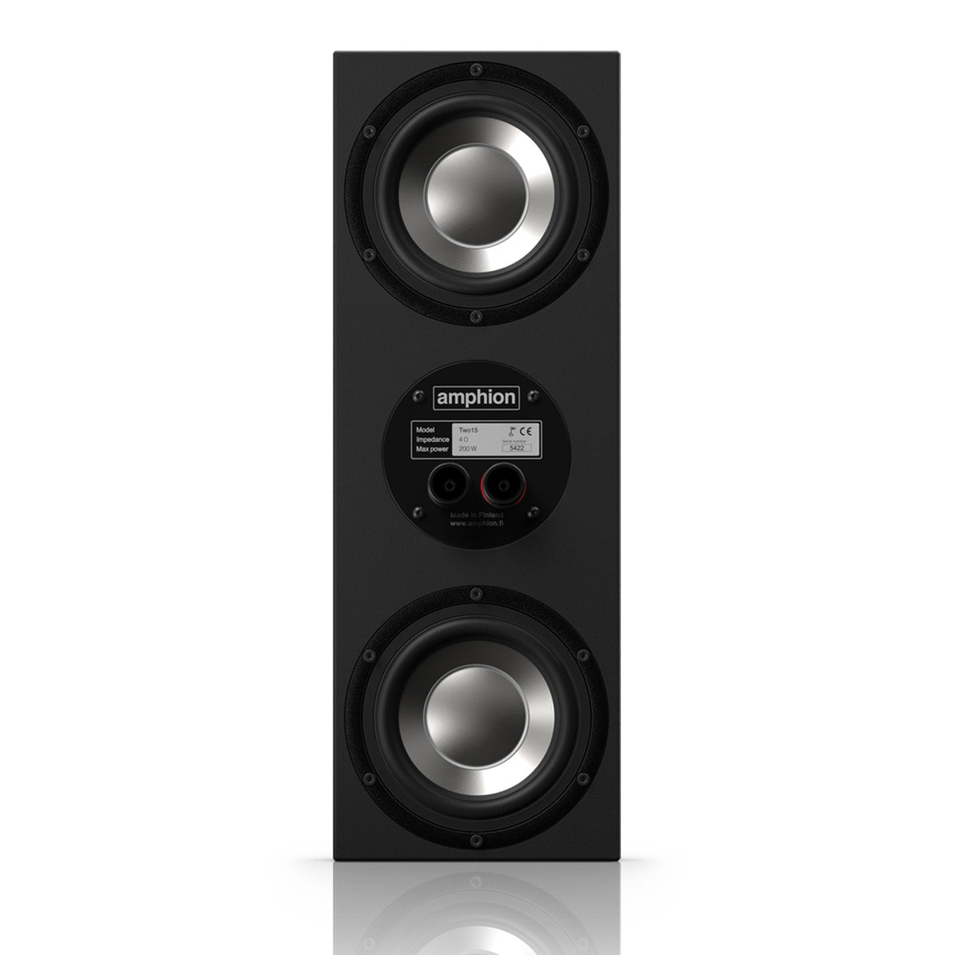 Amphion Two15 Passive Two-Way Studio Monitor back panel, showing the two passive radiators and speaker inputs for connecting to a power amplifier.