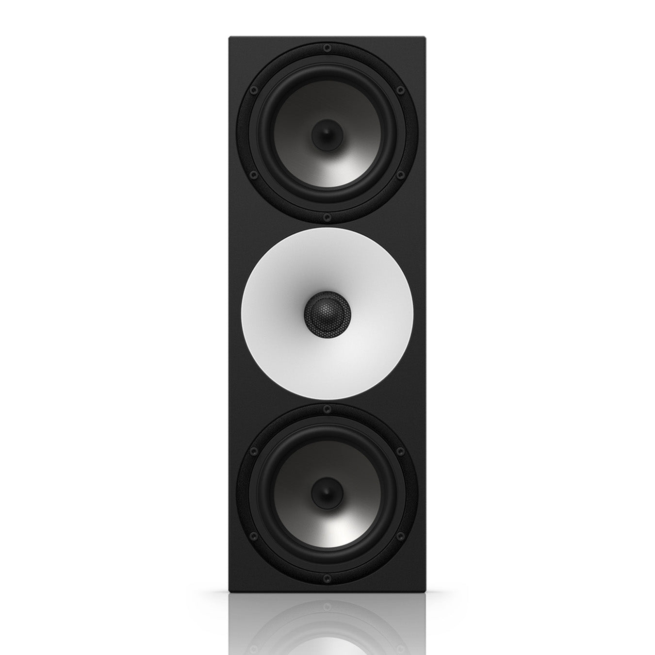 Amphion Two15 Passive Two-Way Studio Monitor front view, featuring its distinct white waveguide, black tweeter, and two woofers for transparent and accurate audio monitoring.