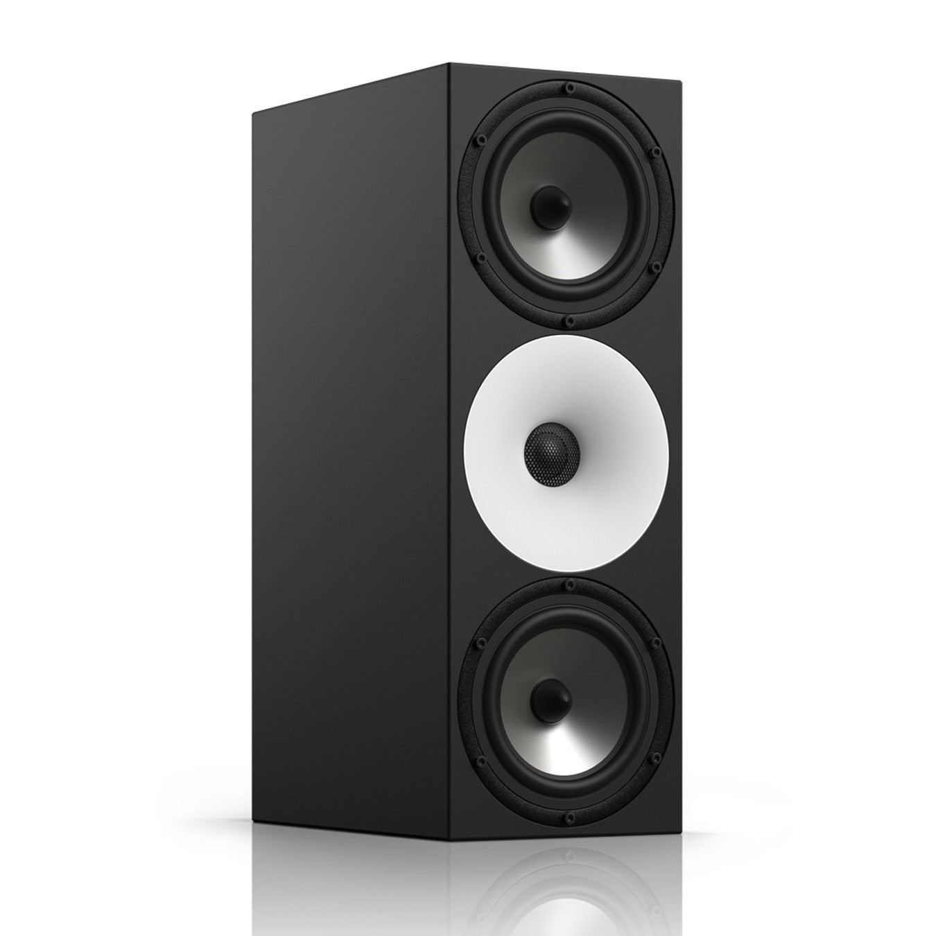 Amphion Two15 Passive Two-Way Studio Monitor angled front view, featuring its distinct white waveguide, black tweeter, and two woofers for transparent and accurate audio monitoring.