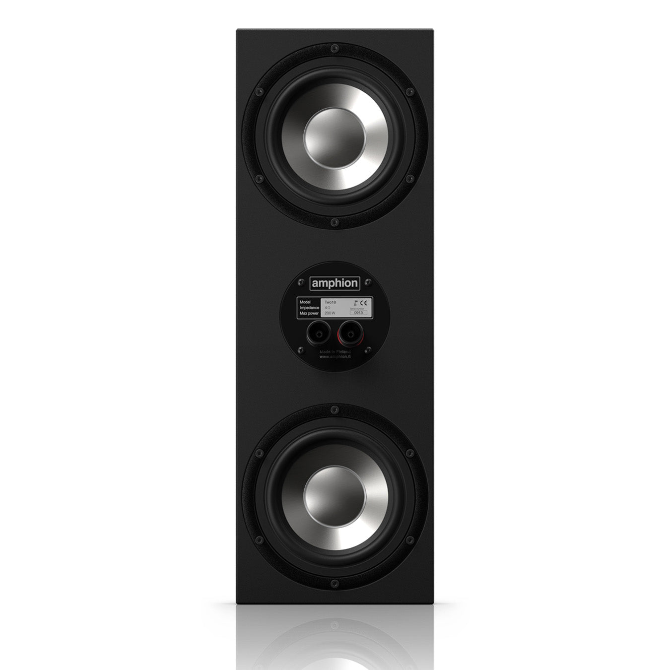 Amphion Two18 Passive Two-Way Studio Monitor back panel, showing the two passive radiators and speaker inputs for connecting to a power amplifier.