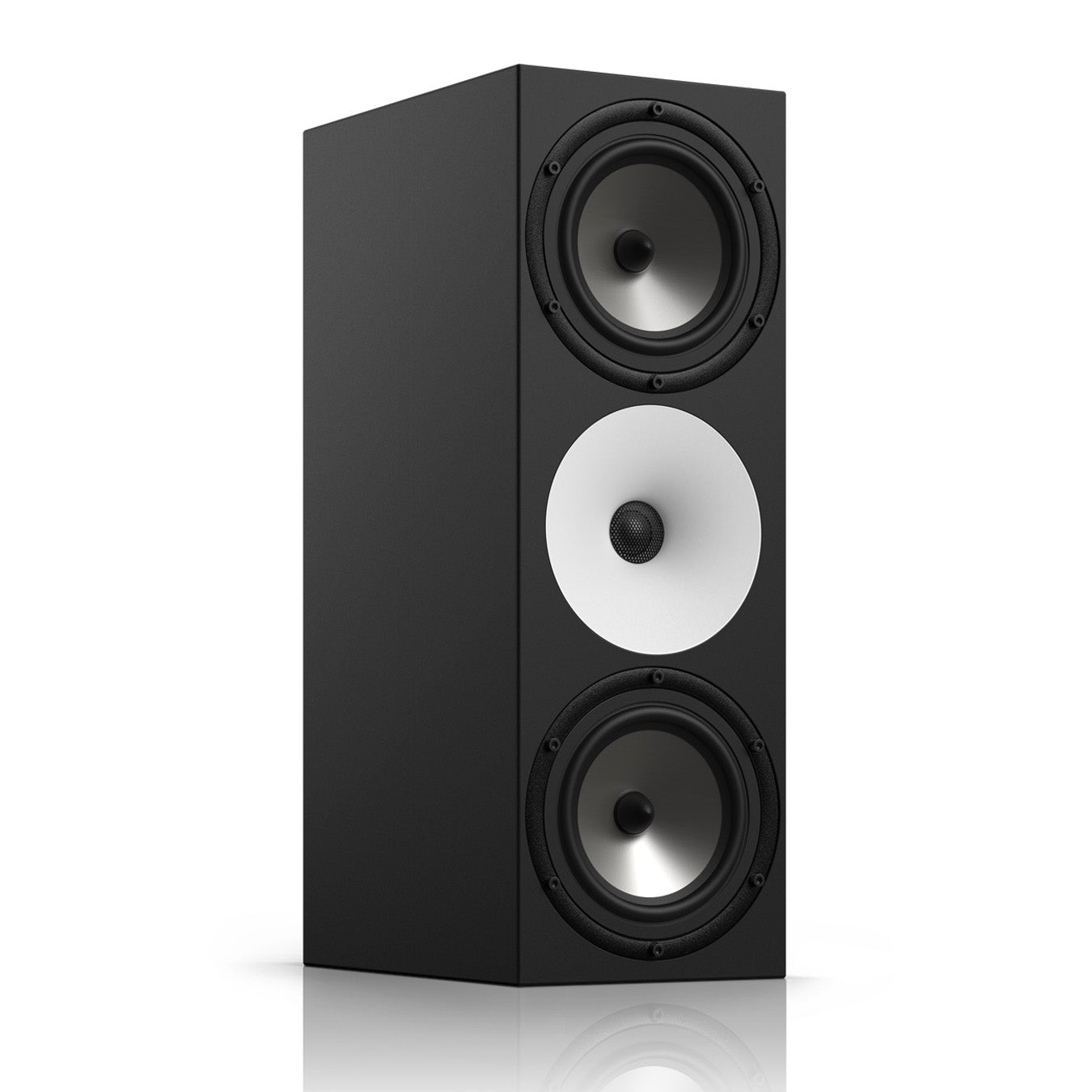 Amphion Two18 Passive Two-Way Studio Monitor angled front view, featuring its distinct white waveguide, black tweeter, and two woofers for transparent and accurate audio monitoring.