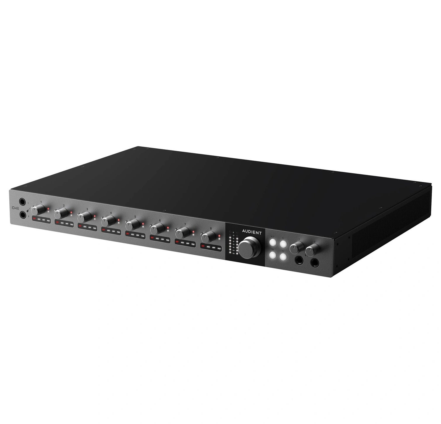 Audient iD48 24-in/32-out USB-C Audio Interface, angled front view. showing its two JFET instrument inputs, eight preamp knobs with LED indicators, two headphone outputs and a large rotary encoder for precise control.