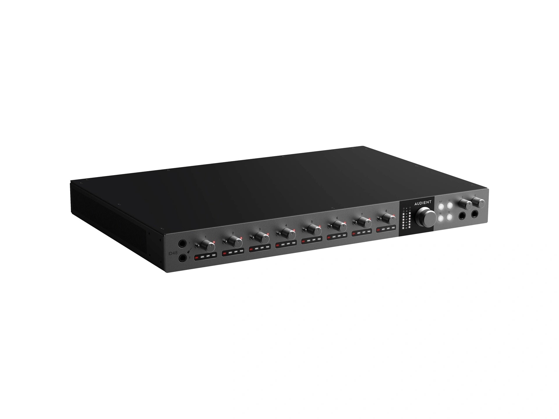 Audient iD48 24-in/32-out USB-C Audio Interface, angled front view. showing its two JFET instrument inputs, eight preamp knobs with LED indicators, two headphone outputs and a large rotary encoder for precise control.