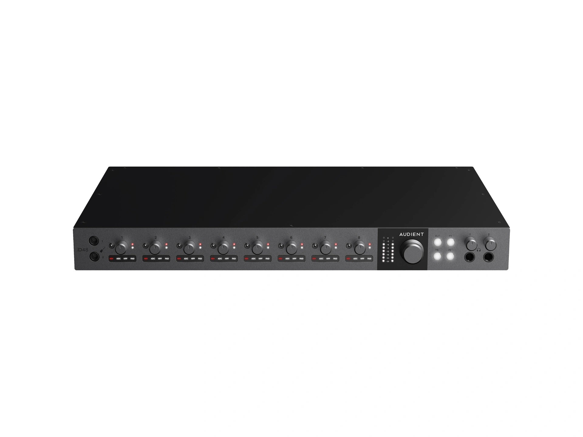 Audient iD48 24-in/32-out USB-C Audio Interface, top front view. showing its two JFET instrument inputs, eight preamp knobs with LED indicators, two headphone outputs and a large rotary encoder for precise control.