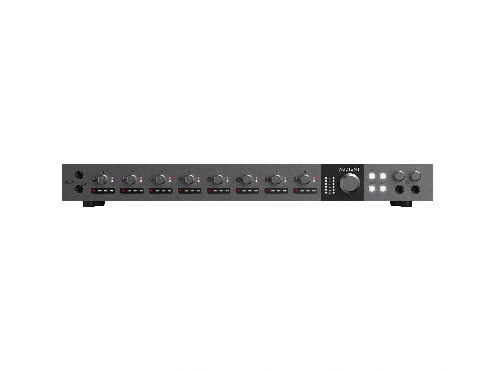 Audient iD48 24-in/32-out USB-C Audio Interface, front view with feet. showing its two JFET instrument inputs, eight preamp knobs with LED indicators, two headphone outputs and a large rotary encoder for precise control.