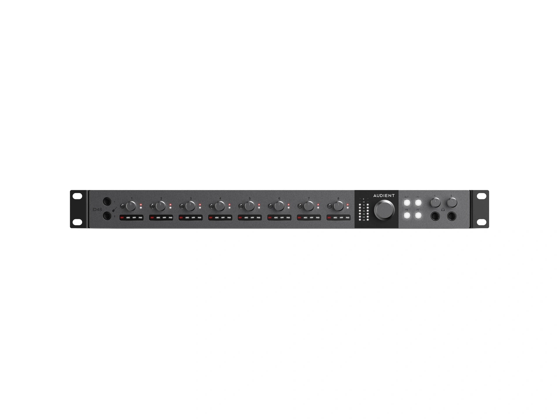 Audient iD48 24-in/32-out USB-C Audio Interface, front view. showing its two JFET instrument inputs, eight preamp knobs with LED indicators, two headphone outputs and a large rotary encoder for precise control.