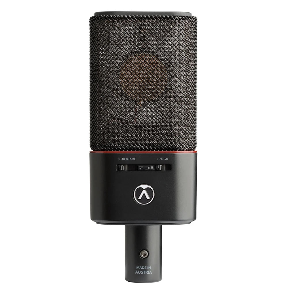 Austrian Audio OC18 Cardioid Microphone front view, with pad and low-cut filter switches.