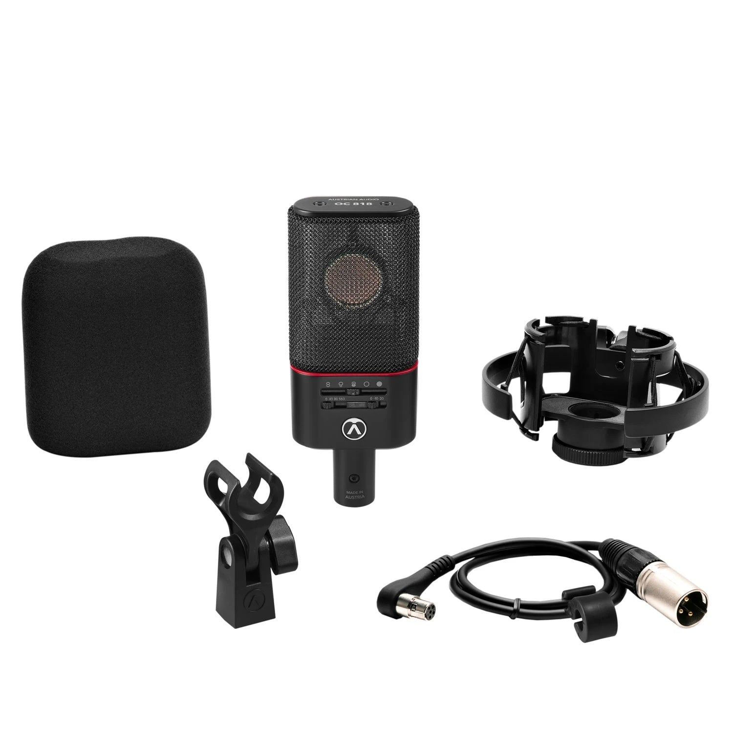 Austrian Audio OC818 Dual Set Plus Large-Diaphragm Multipattern Condenser Microphone Pair Black, contents, showcasing OC818 microphone, shockmount, mini-XLR cable, hardmount, and windshield.