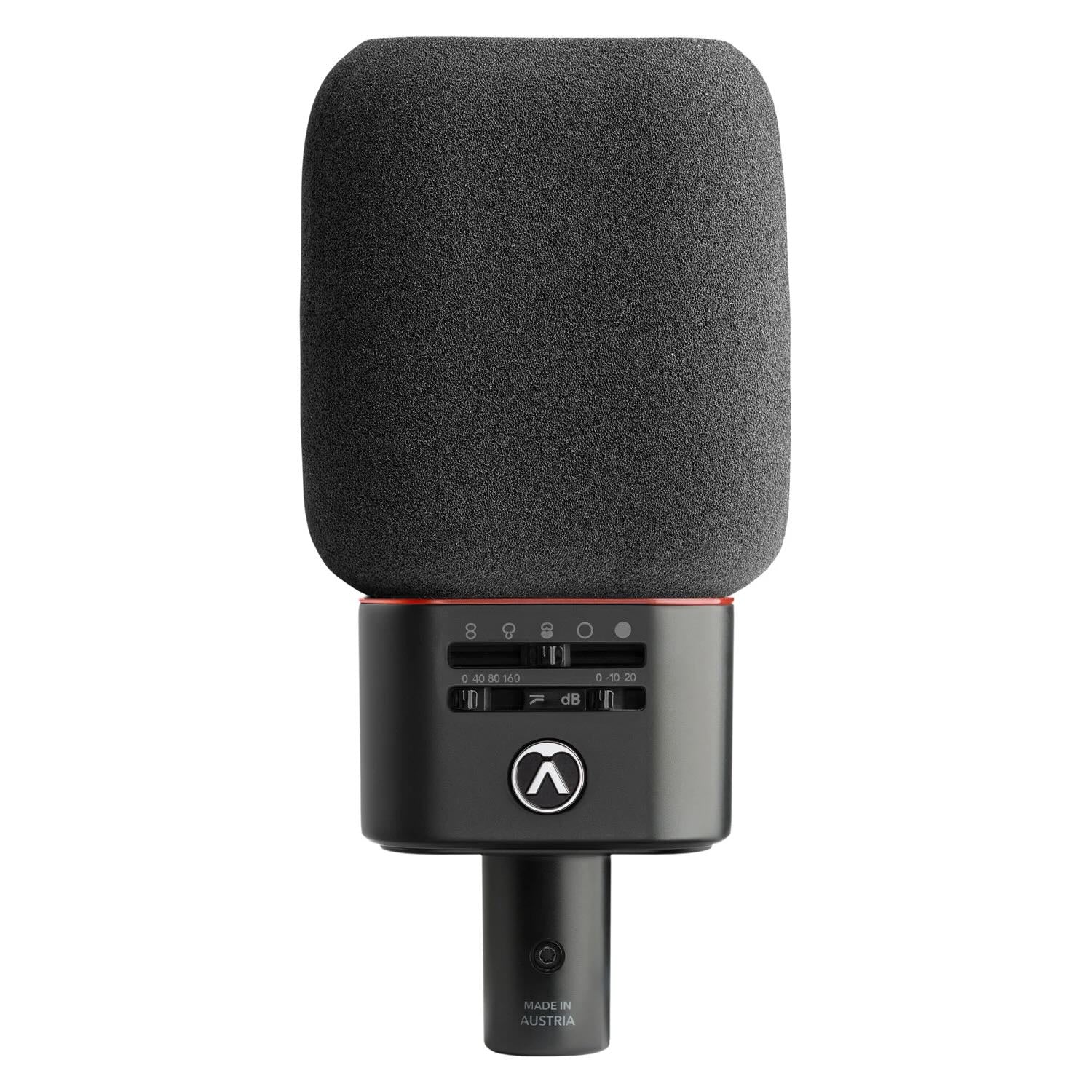 Austrian Audio OC818 Dual Set Plus Large-Diaphragm Multipattern Condenser Microphone Pair Black front view with windshield, showcasing polar pattern selection switches and pad/high-pass filter controls, offering versatile sound shaping for precise stereo recording.