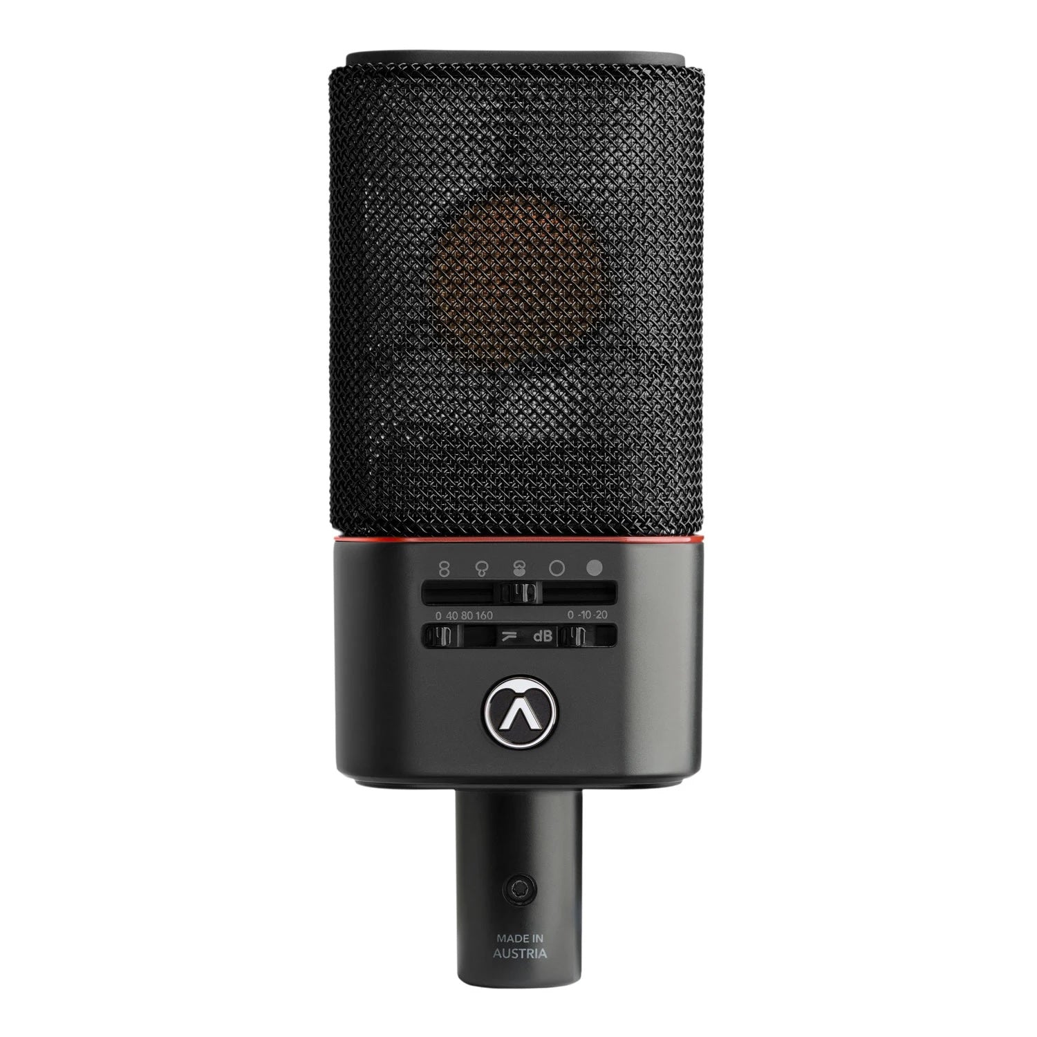 Austrian Audio OC818 Dual Set Plus Large-Diaphragm Multipattern Condenser Microphone Pair Black front view, showcasing polar pattern selection switches and pad/high-pass filter controls, offering versatile sound shaping for precise stereo recording.