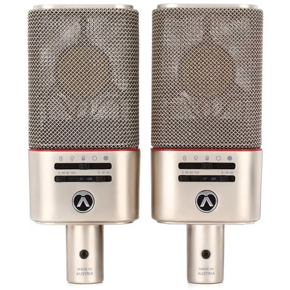 Austrian Audio OC818 Dual Set Plus Large-Diaphragm Multipattern Condenser Microphone Pair Silver front view, showcasing polar pattern selection switches and pad/high-pass filter controls, offering versatile sound shaping for precise stereo recording.