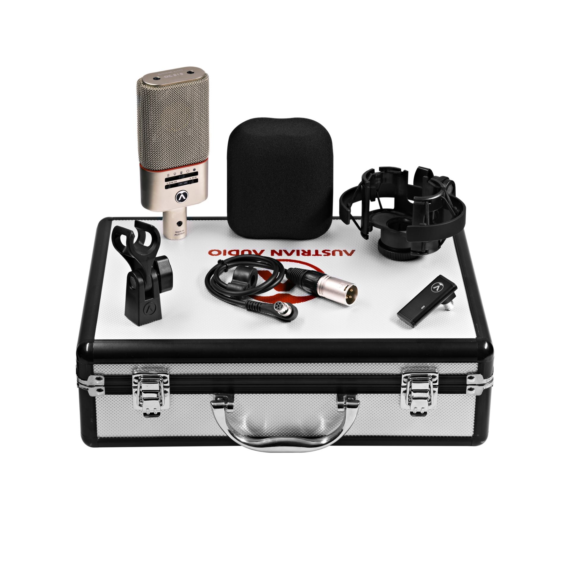 Austrian Audio OC818 Dual Set Plus Large-Diaphragm Multipattern Condenser Microphone Pair Silver on custom carry case and contents, showcasing OC818 microphone, shockmount, mini-XLR cable, hardmount, and windshield.