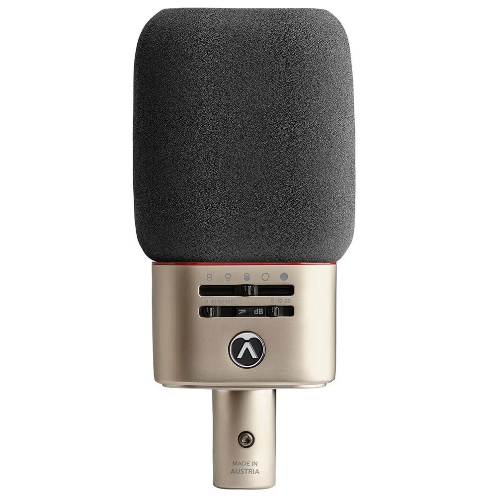 Austrian Audio OC818 Dual Set Plus Large-Diaphragm Multipattern Condenser Microphone Pair Silver front view with windshield, showcasing polar pattern selection switches and pad/high-pass filter controls, offering versatile sound shaping for precise stereo recording.