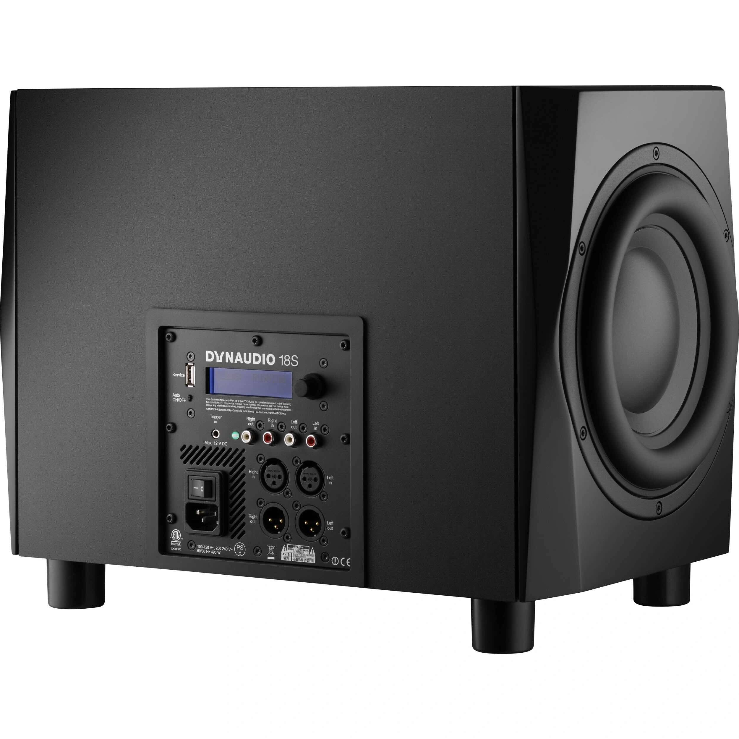 Dynaudio Acoustics 18S True Bass dual 9.5" active subwoofer, 500W, back view. Displays the control panel with balanced XLR and RCA inputs and outputs, trigger input, auto on off and service USB input with presets for seamless integration with Dynaudio studio monitors.