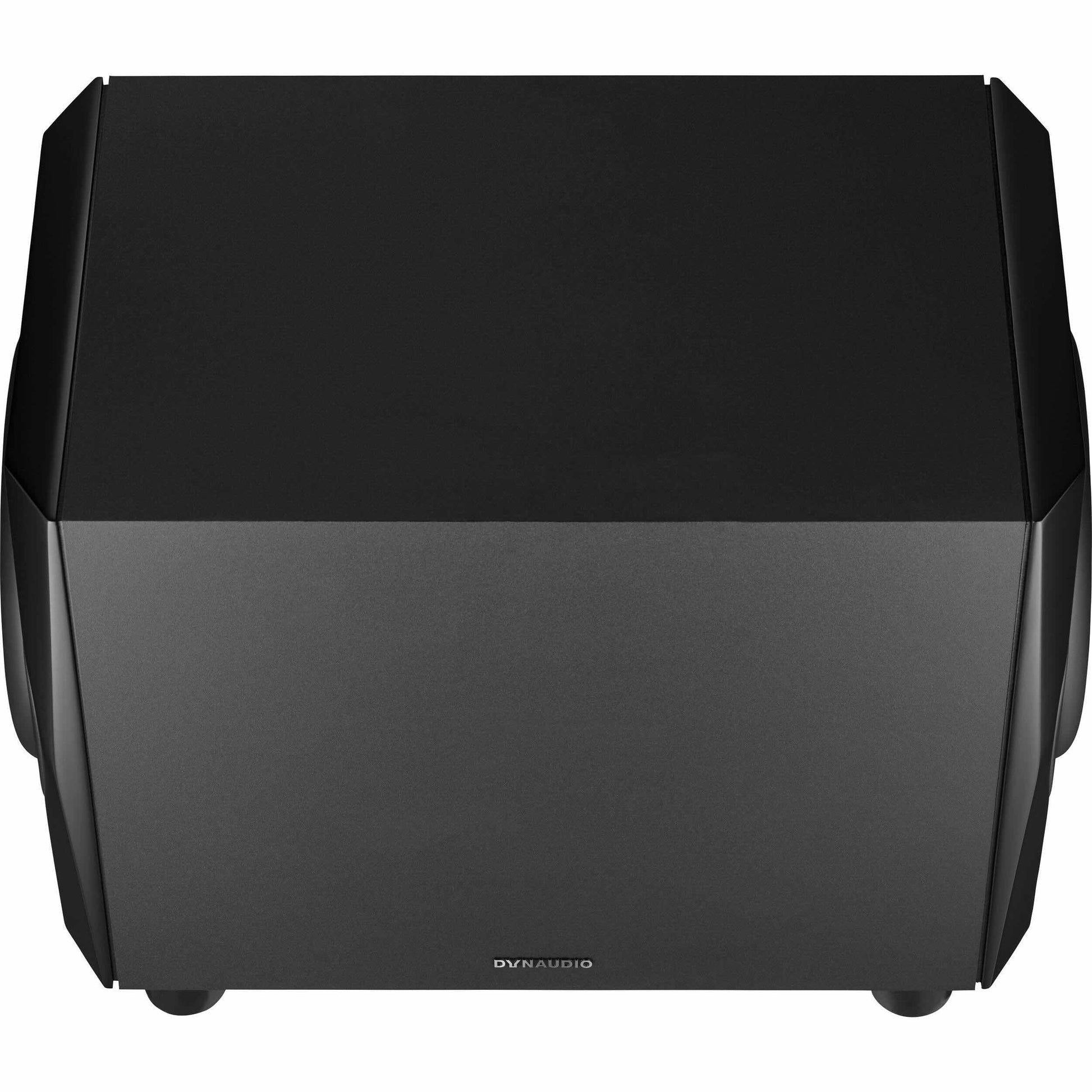 Dynaudio Acoustics 18S True Bass dual 9.5" active subwoofer, 500W, top view. Shows the minimalist, professional finish of the subwoofer cabinet, highlighting its sleek design and studio-grade build quality.