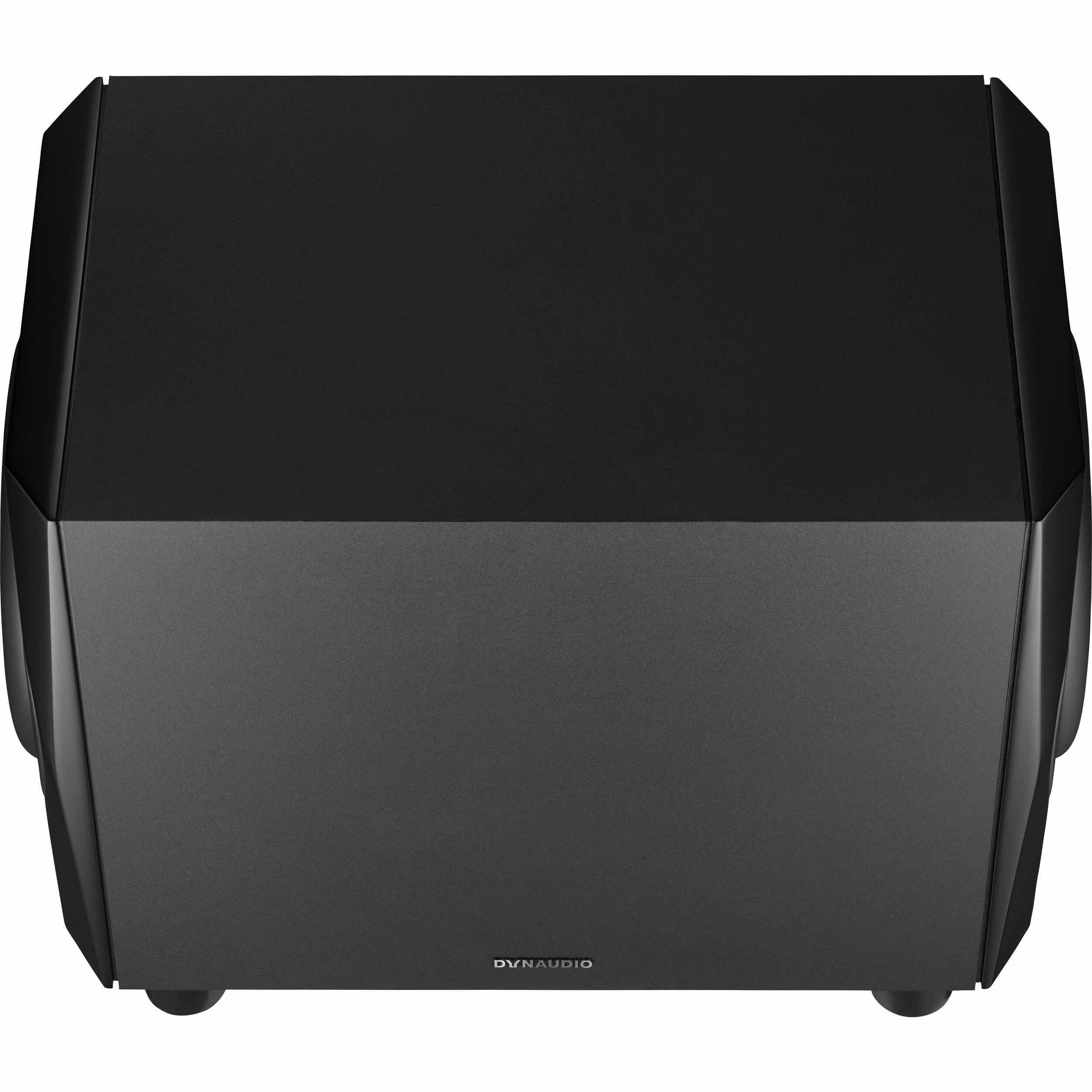 Dynaudio Acoustics 18S True Bass dual 9.5" active subwoofer, 500W, top view. Shows the minimalist, professional finish of the subwoofer cabinet, highlighting its sleek design and studio-grade build quality.