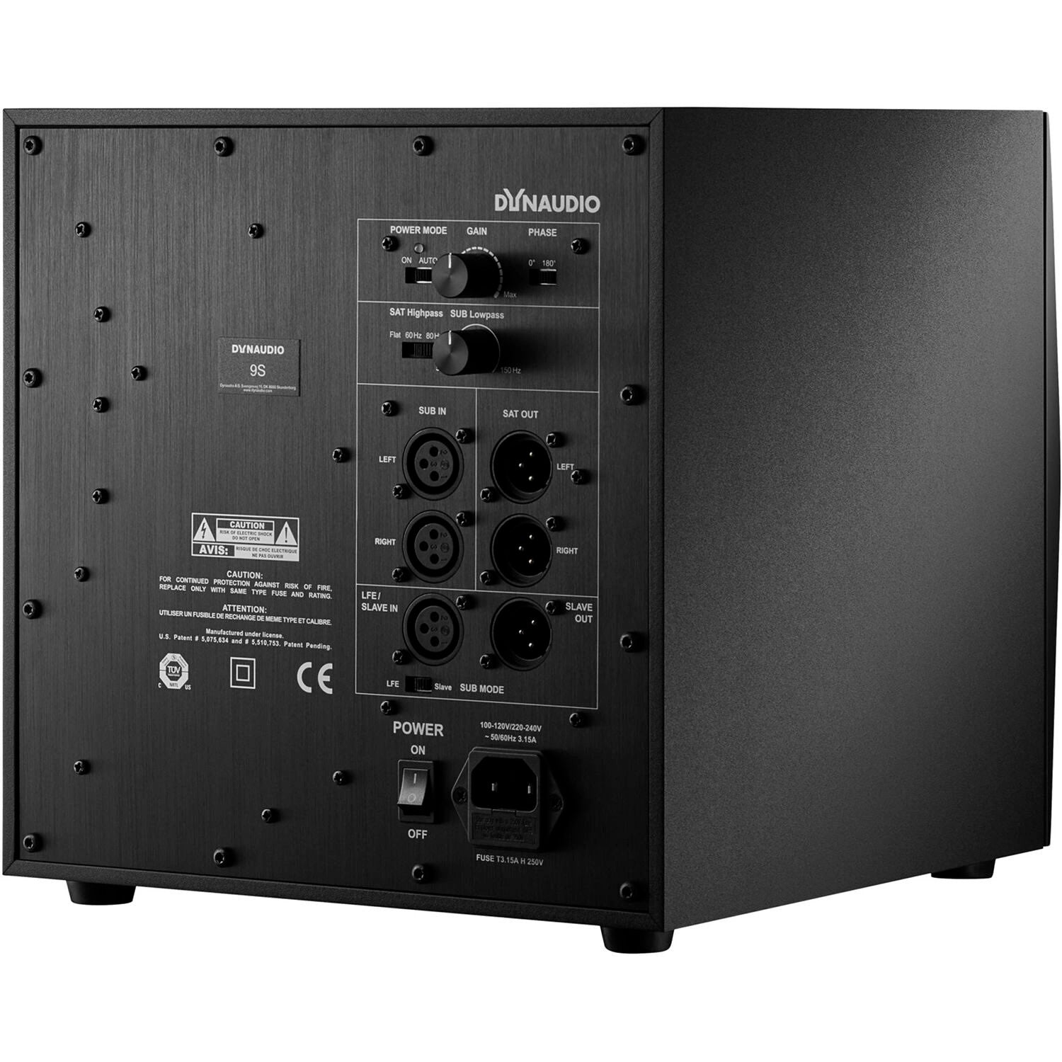 Dynaudio Acoustics 9S True Bass 9.5" active subwoofer, 300W, back view. Displays balanced XLR inputs and outputs, variable low-pass filter, phase switch, monitor highpass and variable sub lowpass, slave in and slave out.