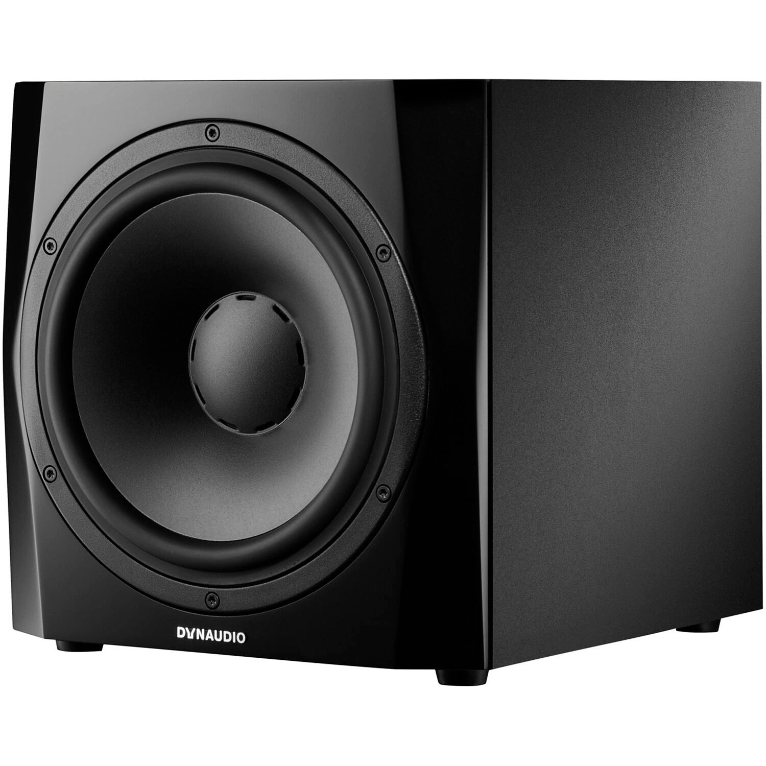 Dynaudio Acoustics 9S True Bass 9.5" active subwoofer, 300W, angled front view. Shows the professional, compact cabinet design with the single 9.5-inch driver visible.
