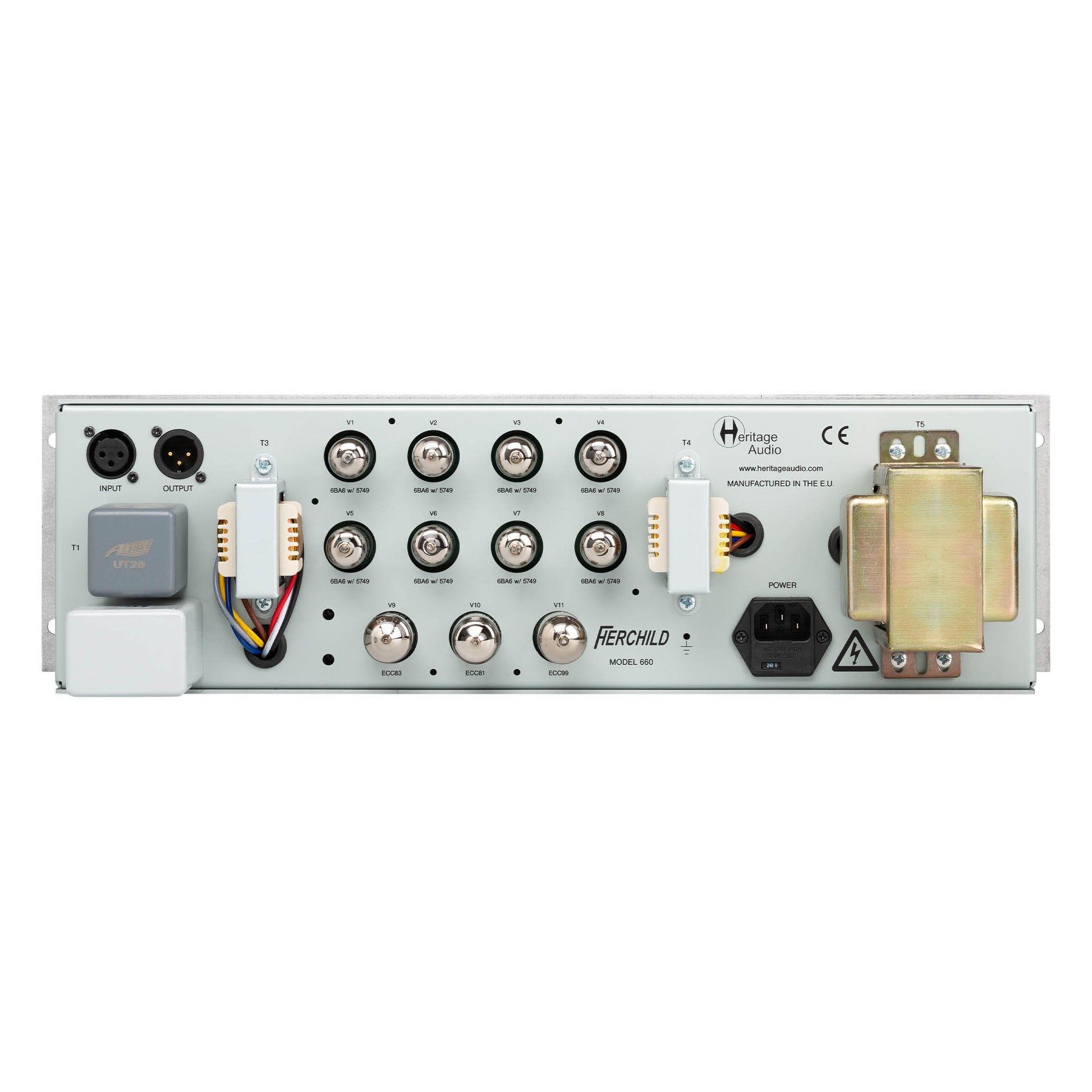 Heritage Audio Herchild 670 Stereo Tube Compressor back view, showing all 11 labelled tubes and transformers, including xlr input, output, and power input.