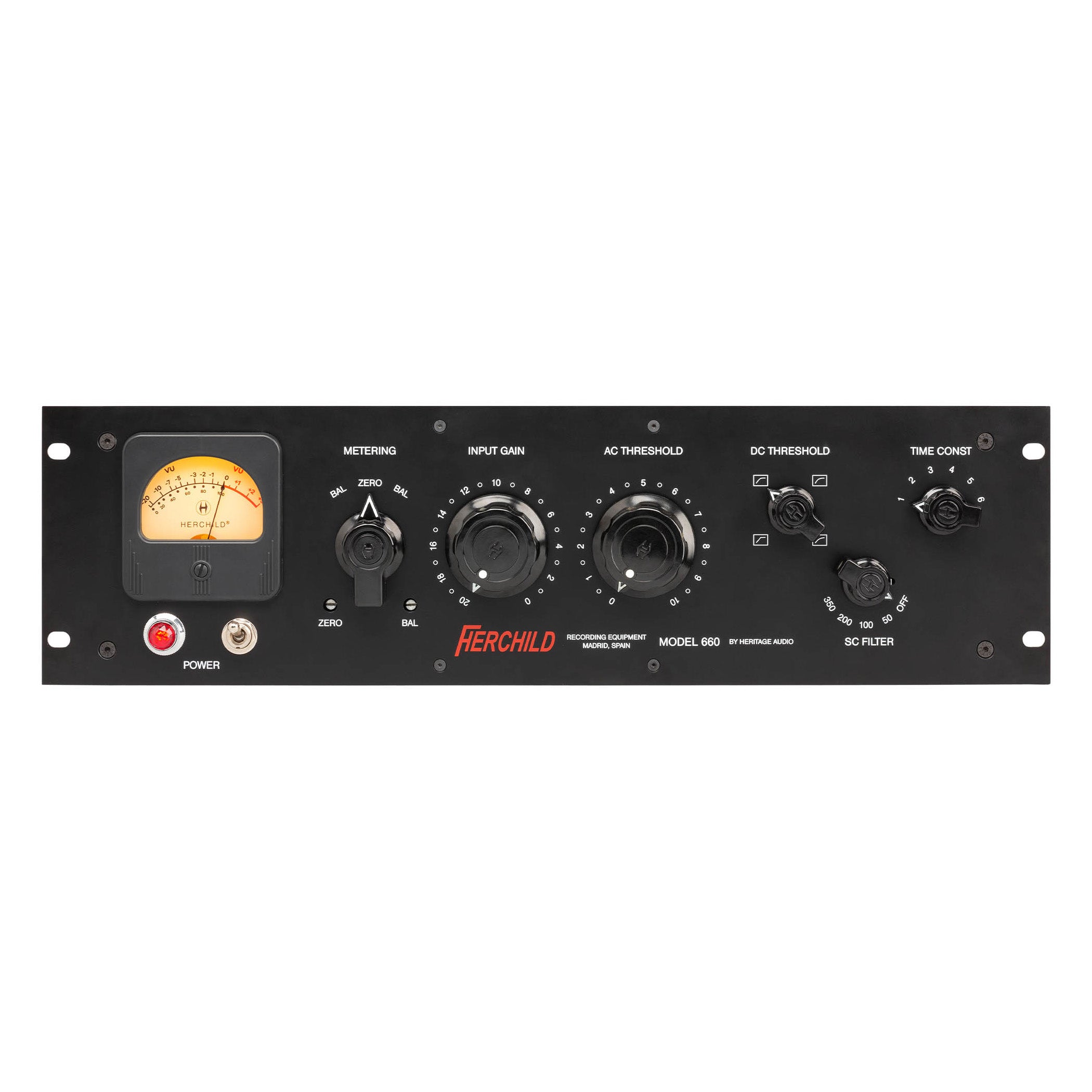Heritage Audio Herchild 660 Mono Tube Compressor front view, displaying its classic rackmount design with a large VU meter, prominent control knobs for input, threshold, attack, and release, and mode switches for single-channel dynamics processing.