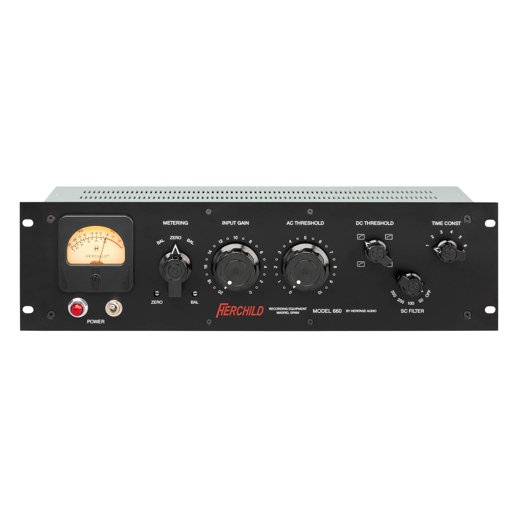 Heritage Audio Herchild 660 Mono Tube Compressor front view, displaying its classic rackmount design with a large VU meter, prominent control knobs for input, threshold, attack, and release, and mode switches for single-channel dynamics processing.