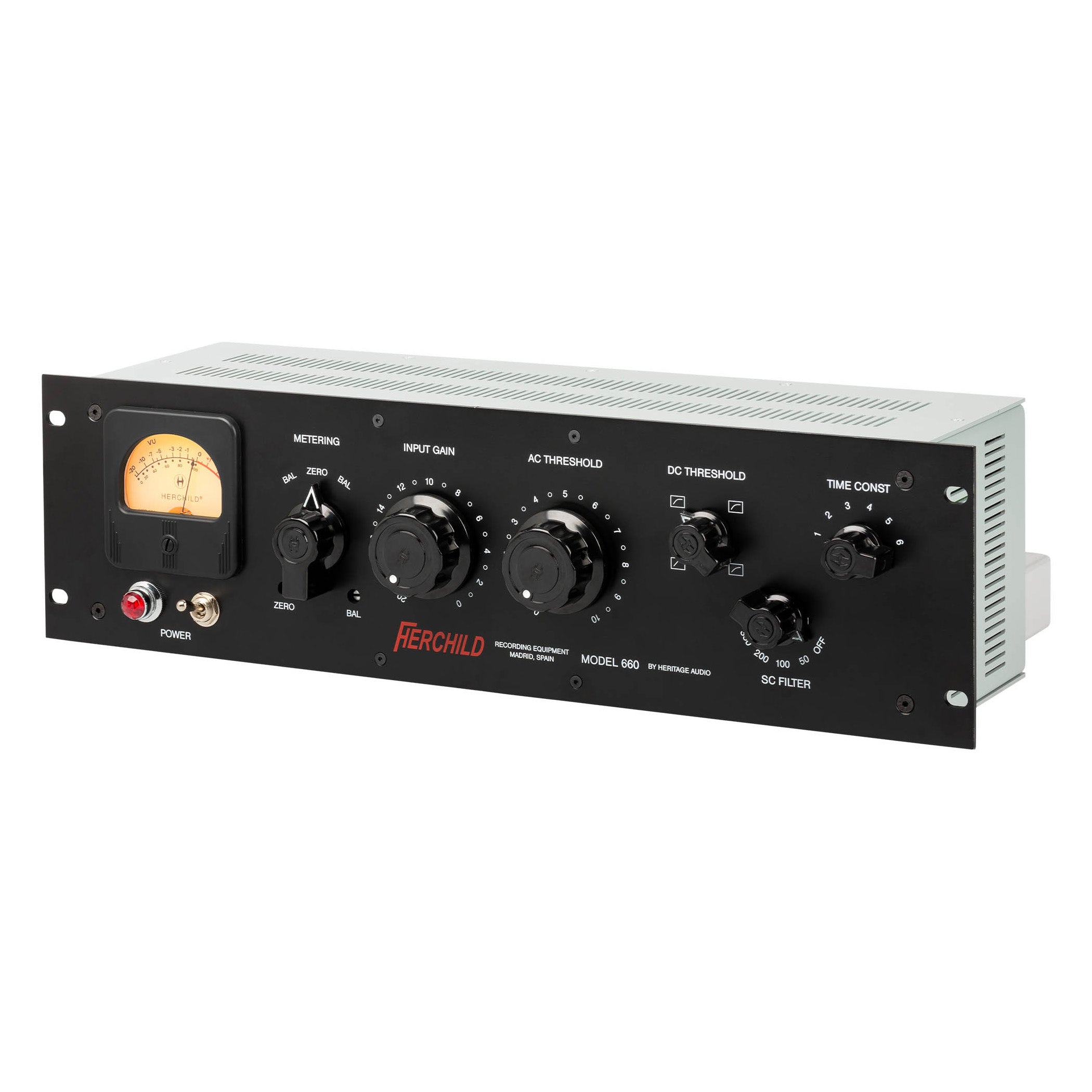Heritage Audio Herchild 660 Mono Tube Compressor front angled view, displaying its classic rackmount design with a large VU meter, prominent control knobs for input, threshold, attack, and release, and mode switches for single-channel dynamics processing.
