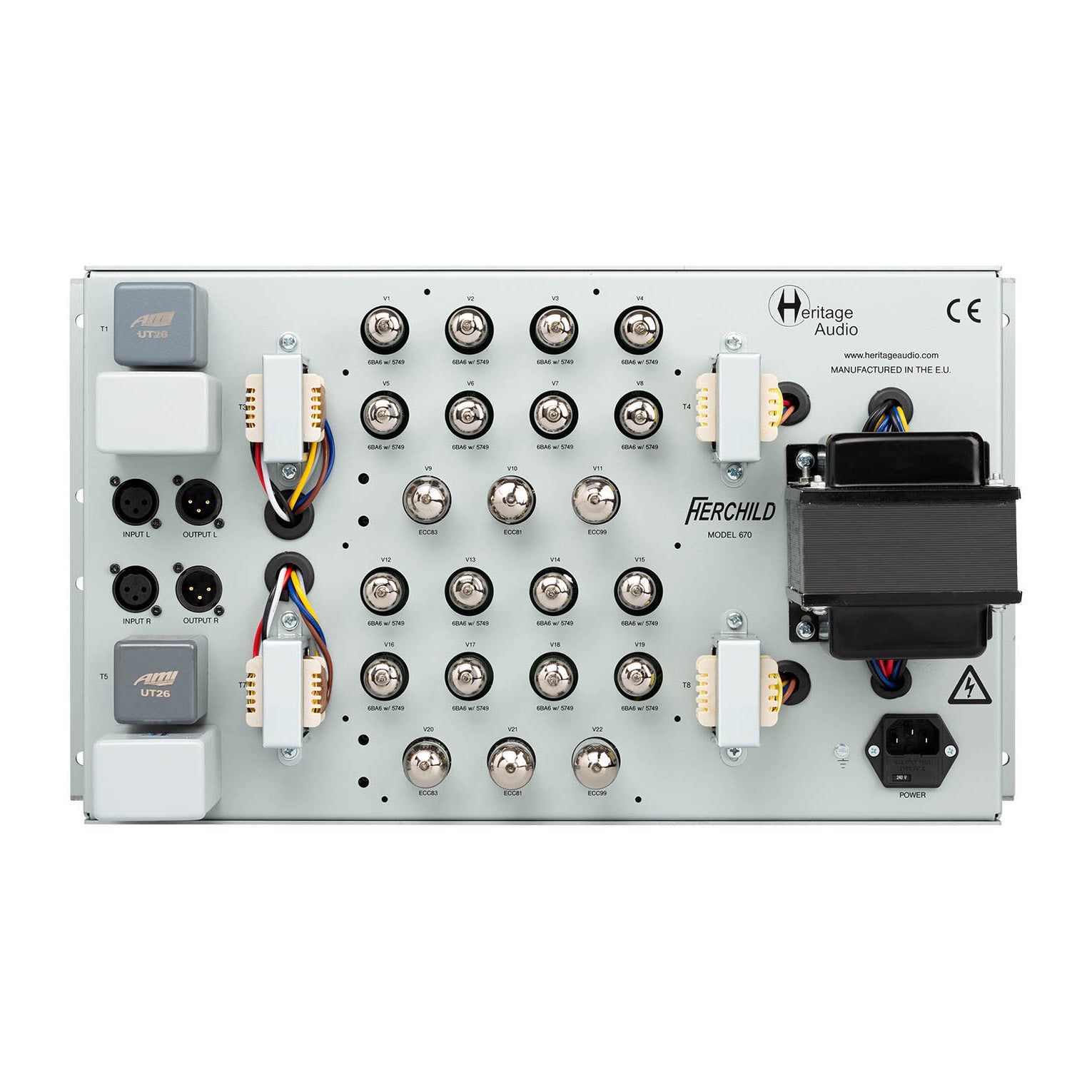 Heritage Audio Herchild 670 Stereo Tube Compressor back view, showing all 22 labelled tubes and transformers, including xlr inputs, outputs, and power input.