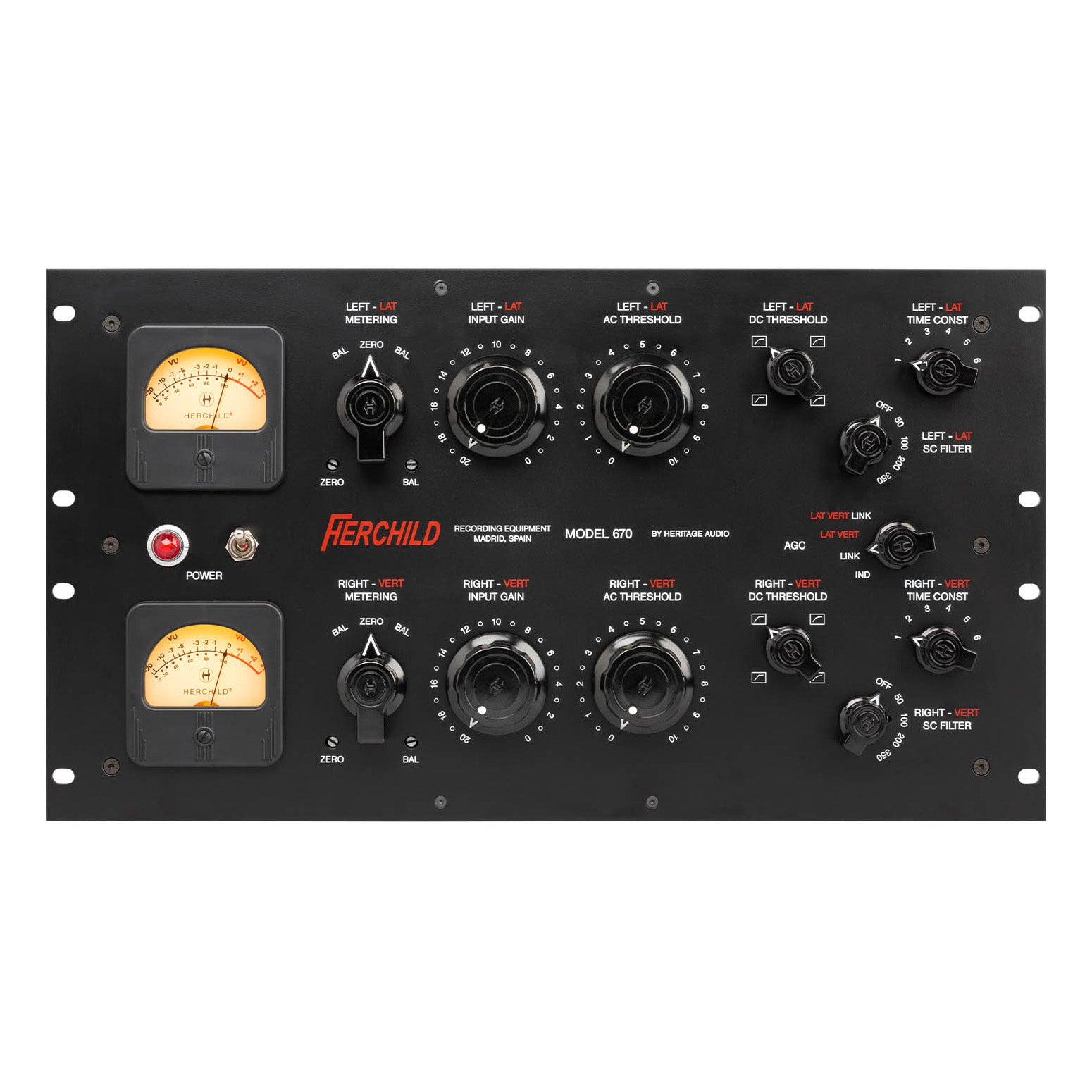 Heritage Audio Herchild 670 Stereo Tube Compressor front view, displaying its large, classic 4U rackmount design with prominent VU meters, numerous control knobs for input, threshold, attack, and release, and mode selection switches for comprehensive stereo dynamics processing.