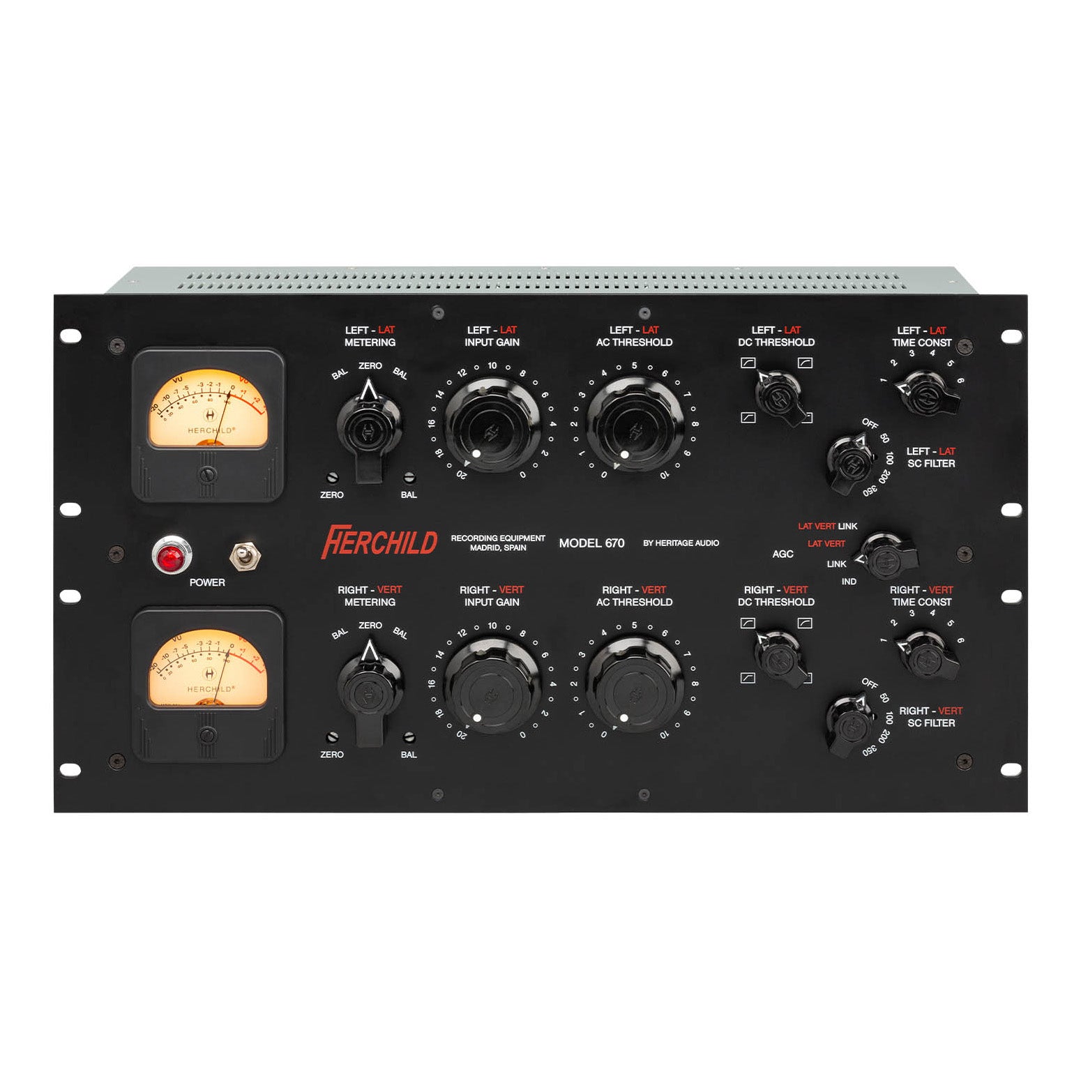 Heritage Audio Herchild 670 Stereo Tube Compressor front view, displaying its large, classic 4U rackmount design with prominent VU meters, numerous control knobs for input, threshold, attack, and release, and mode selection switches for comprehensive stereo dynamics processing.