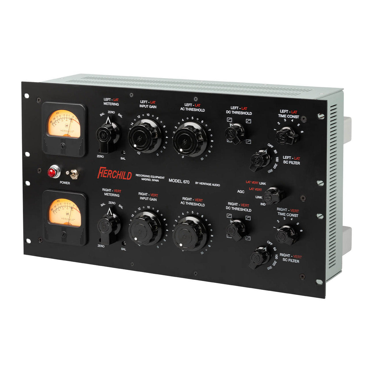 Heritage Audio Herchild 670 Stereo Tube Compressor front  angled view, displaying its large, classic 4U rackmount design with prominent VU meters, numerous control knobs for input, threshold, attack, and release, and mode selection switches for comprehensive stereo dynamics processing.
