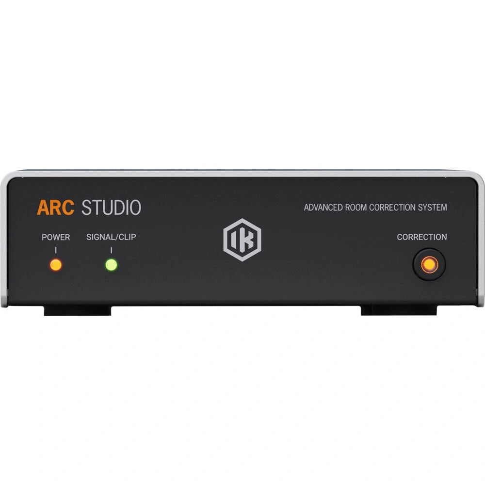 K Multimedia ARC Studio Advanced Room Correction System front view, showing power light, signal/clip indicator, and power button.