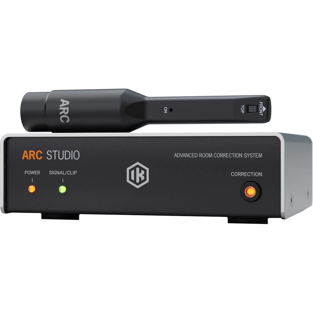 IK Multimedia ARC Studio Advanced Room Correction System with Mic, showing the ARC Studio hardware unit, and the arc measurement microphone.