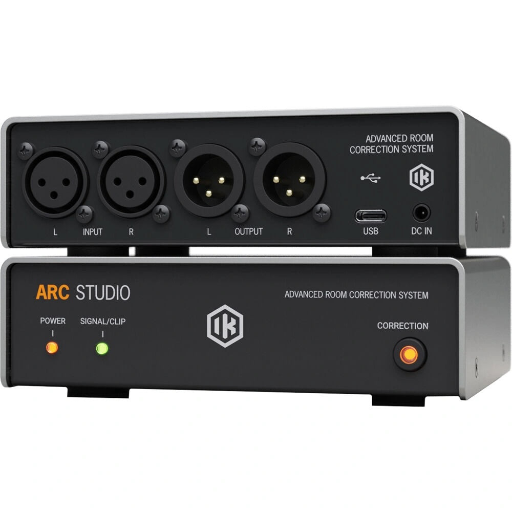 IK Multimedia ARC Studio Advanced Room Correction System stacked showing xlr inputs and outputs, USB C connection, power input, power, button and indicators for both power and signal/clip.