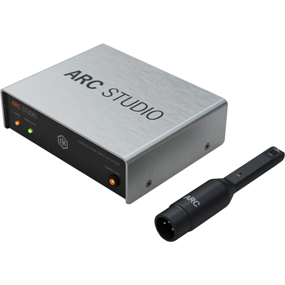 IK Multimedia ARC Studio Advanced Room Correction System with Mic, top angled view showing the ARC Studio hardware unit, the measurement microphone.