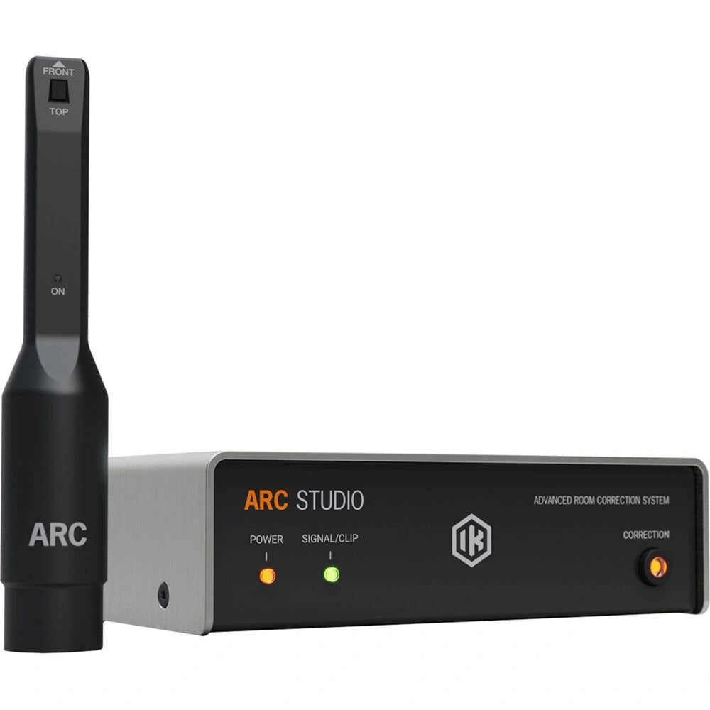 IK Multimedia ARC Studio Advanced Room Correction System with Mic, showing the ARC Studio hardware unit, and the arc measurement microphone.