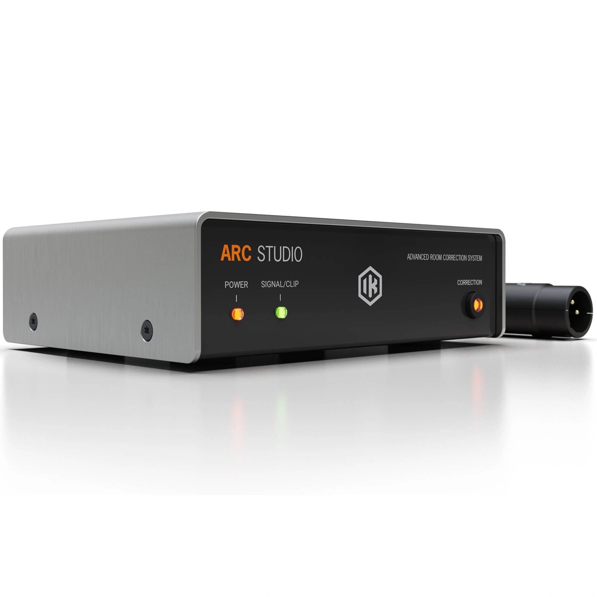 IK Multimedia ARC Studio Advanced Room Correction System with Mic, showing the ARC Studio hardware unit, and the arc measurement microphone.
