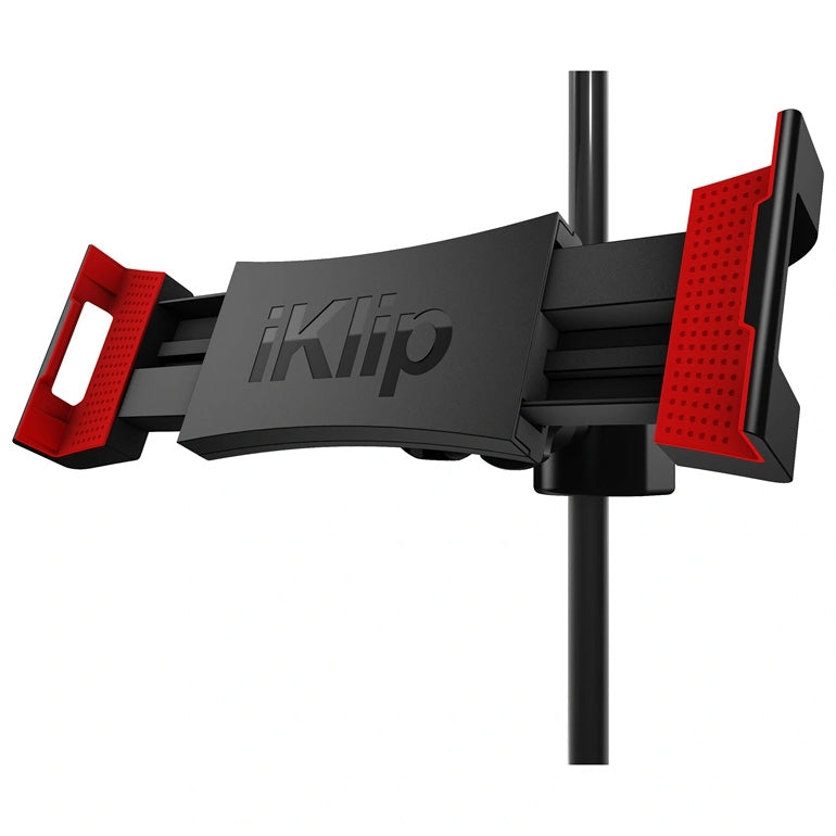 IK Multimedia iKlip 3 Deluxe with Tripod Mount and Mic Stand Attachment angled view, in an open position.