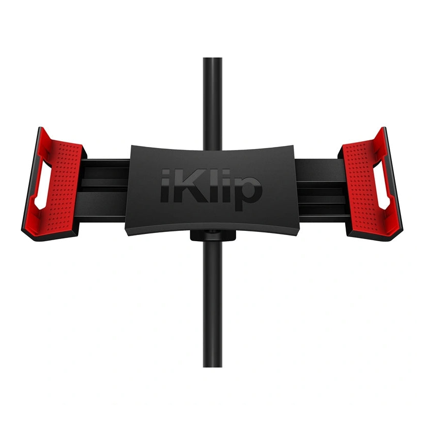 IK Multimedia iKlip 3 Universal Mic Stand Support for Tablets, open front view, showing the adjustable clamp design ready to attach to a microphone stand and hold a tablet.
