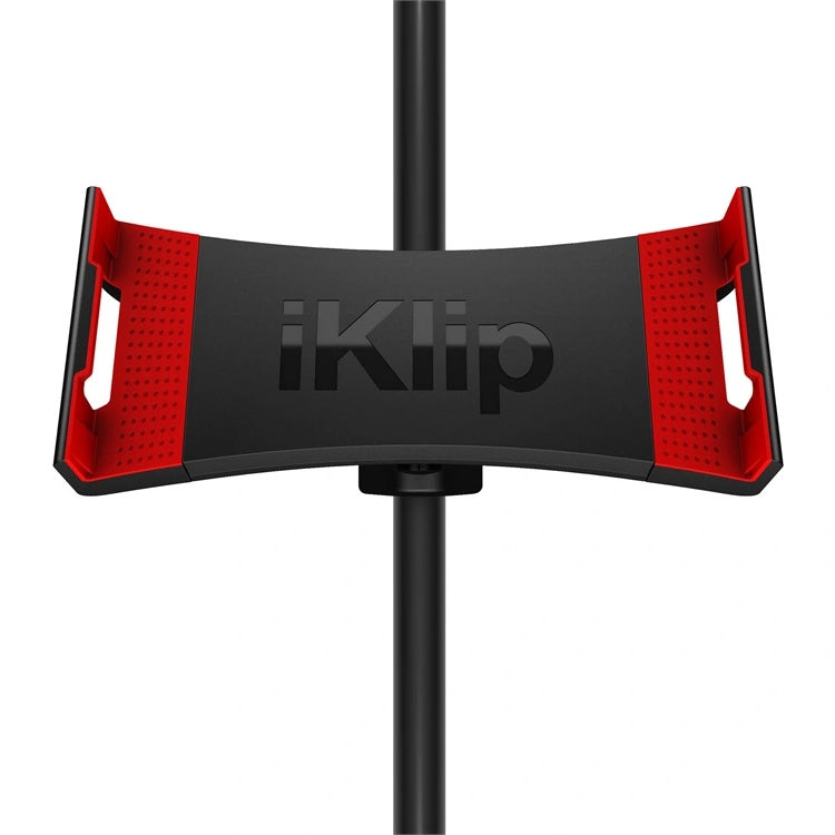 IK Multimedia iKlip 3 Universal Mic Stand Support for Tablets, front view, showing the adjustable clamp design ready to attach to a microphone stand and hold a tablet.