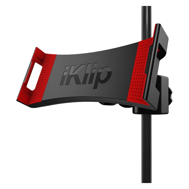 IK Multimedia iKlip 3 Universal Mic Stand Support for Tablets, angled view, showing the adjustable clamp design ready to attach to a microphone stand and hold a tablet.