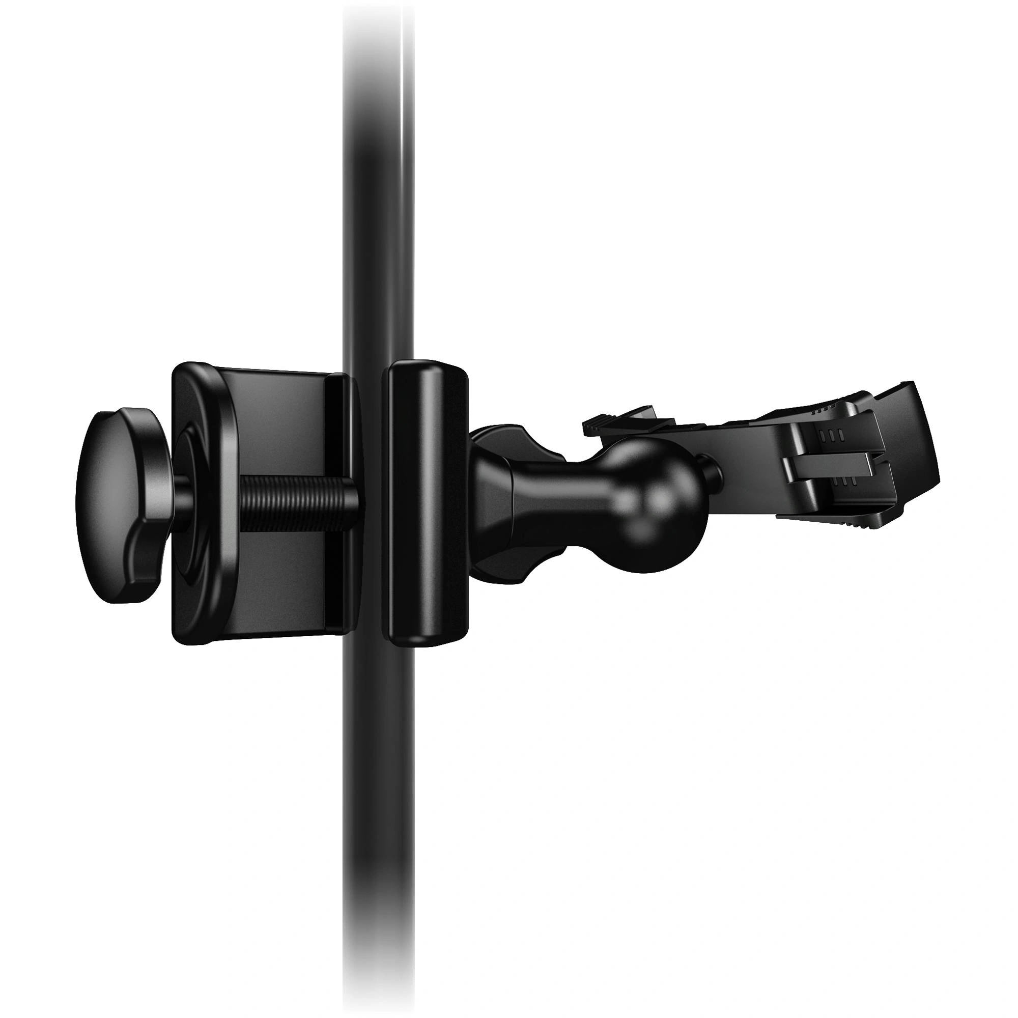 IK Multimedia iKlip Xpand Mini Universal Phone Mic Stand Mount side view, showing its adjustable gripping mechanism designed to securely hold a smartphone on a microphone stand.